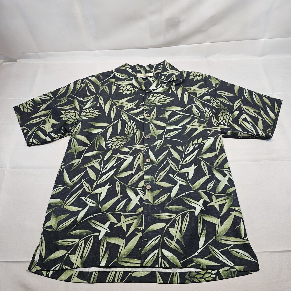 Tommy Bahama Shirt Mens Small Black Green Leaf Hawaiian 100% Silk